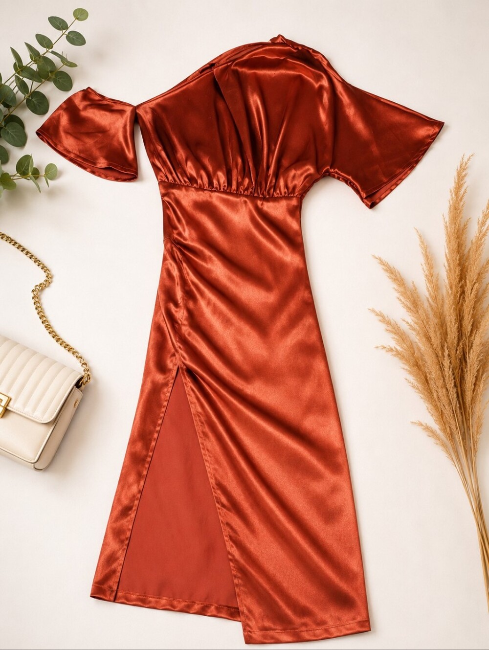 PrettyLittleThing Brown Ruched Asymmetrical Gown